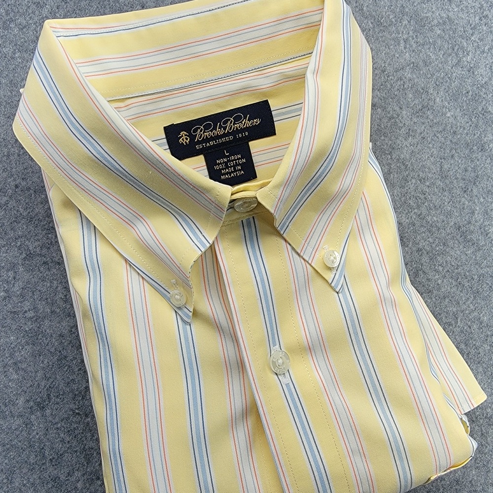 Brooks Brothers 1818  Dress Shirt L Yellow Blue Stripe Non‑Iron